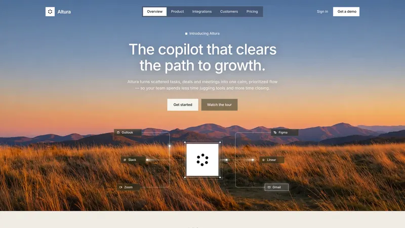 Altura: Hero: navbar with segmented links over a golden-hour grassland photo, headline, Get started / Watch the tour, and the tool-hub diagram