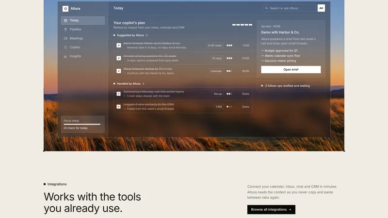Inside Altura: glass “Today” dashboard on the photo, then the Integrations header with Browse all integrations