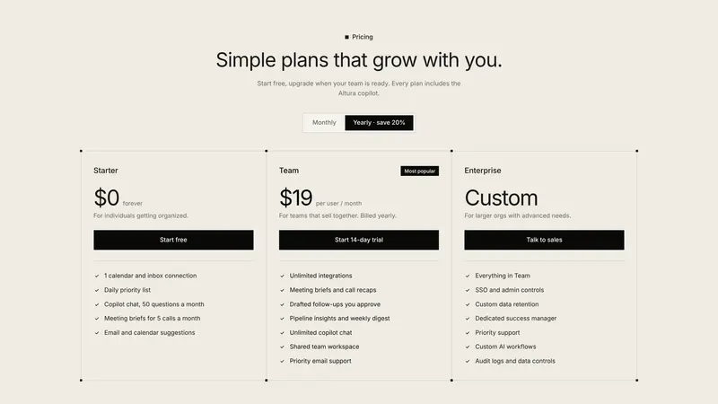 Pricing: Monthly / Yearly toggle and three plans (Starter, Team, Enterprise)