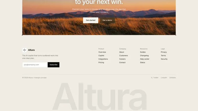 Final CTA photo card, footer with subscribe field and link columns, giant ghosted wordmark