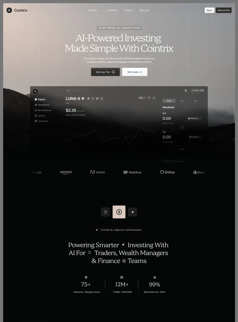 Cointrix: Navbar and hero (serif headline on a grid-lined sand-to-gray gradient), dark trading dashboard over a mountain photo, logo row, icon-tile trio, statement headline with inline icons, three stats