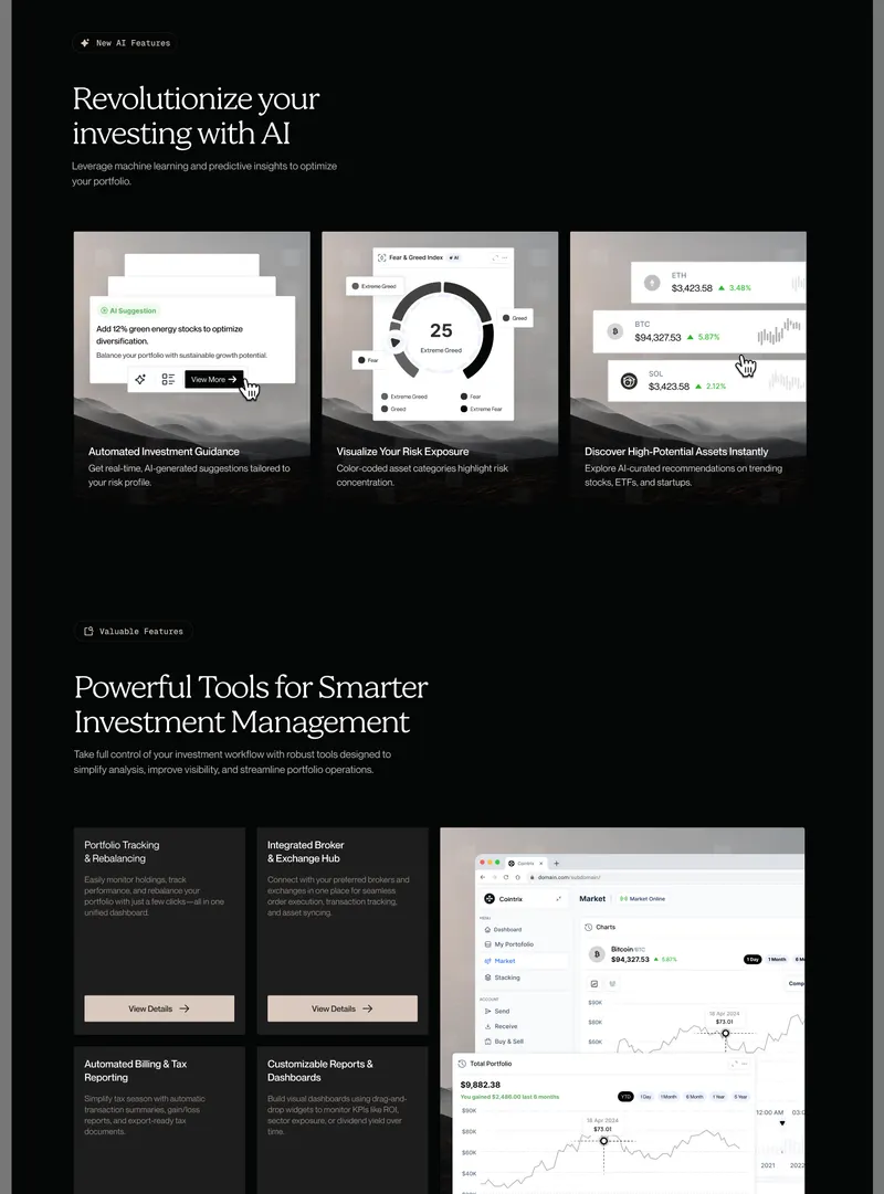AI features: three photo cards with floating white widgets (AI Suggestion, Fear & Greed gauge, ETH/BTC/SOL tickers); tools bento with sand View Details buttons and a browser-framed light dashboard