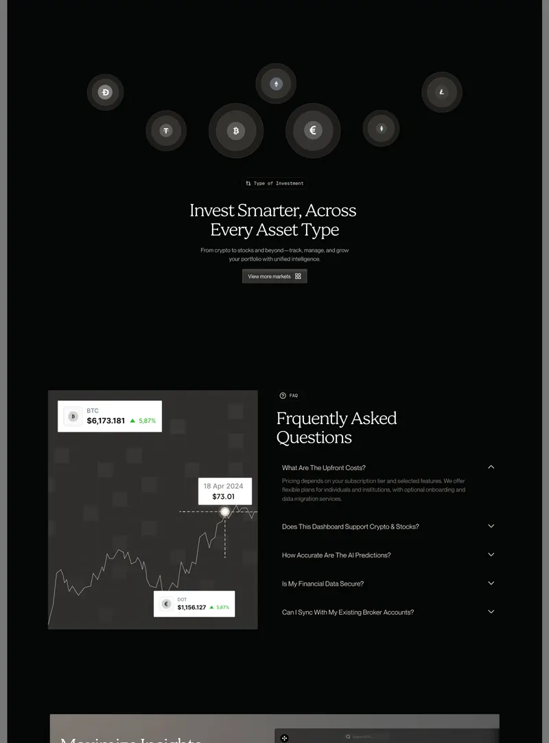 Coin orbit above "Invest Smarter, Across Every Asset Type", then FAQ split with a mosaic chart panel and accordion, top of the CTA banner