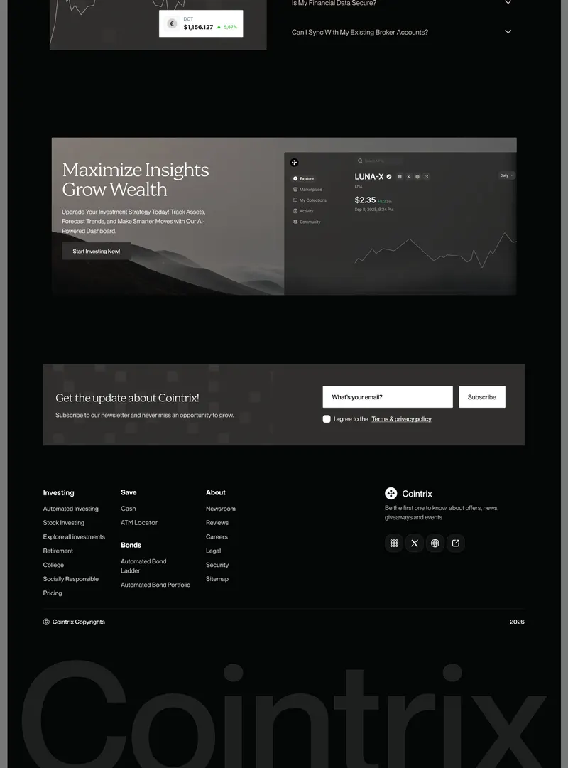 End of FAQ, CTA banner with reused dashboard, newsletter band with email field, footer columns and a giant ghost wordmark