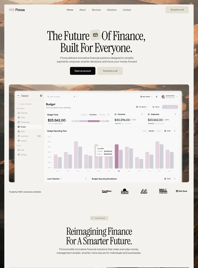 Finova: Linen page sheet over a desert photo: navbar, condensed-serif hero with an inline icon tile and two CTAs, Cazura budget dashboard on a photo panel, five-logo trust row, start of About