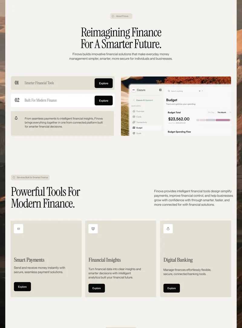 About header, 01/02 feature rows with Explore buttons and a note card beside a dashboard crop on an orange photo, Services header and three oat service cards