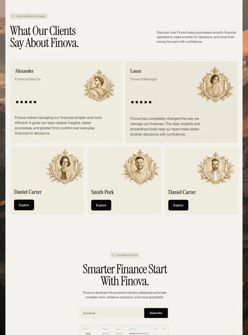 Testimonials: split header, two quote cards and three portrait cards with sepia engraved portraits in baroque frames, start of the newsletter CTA