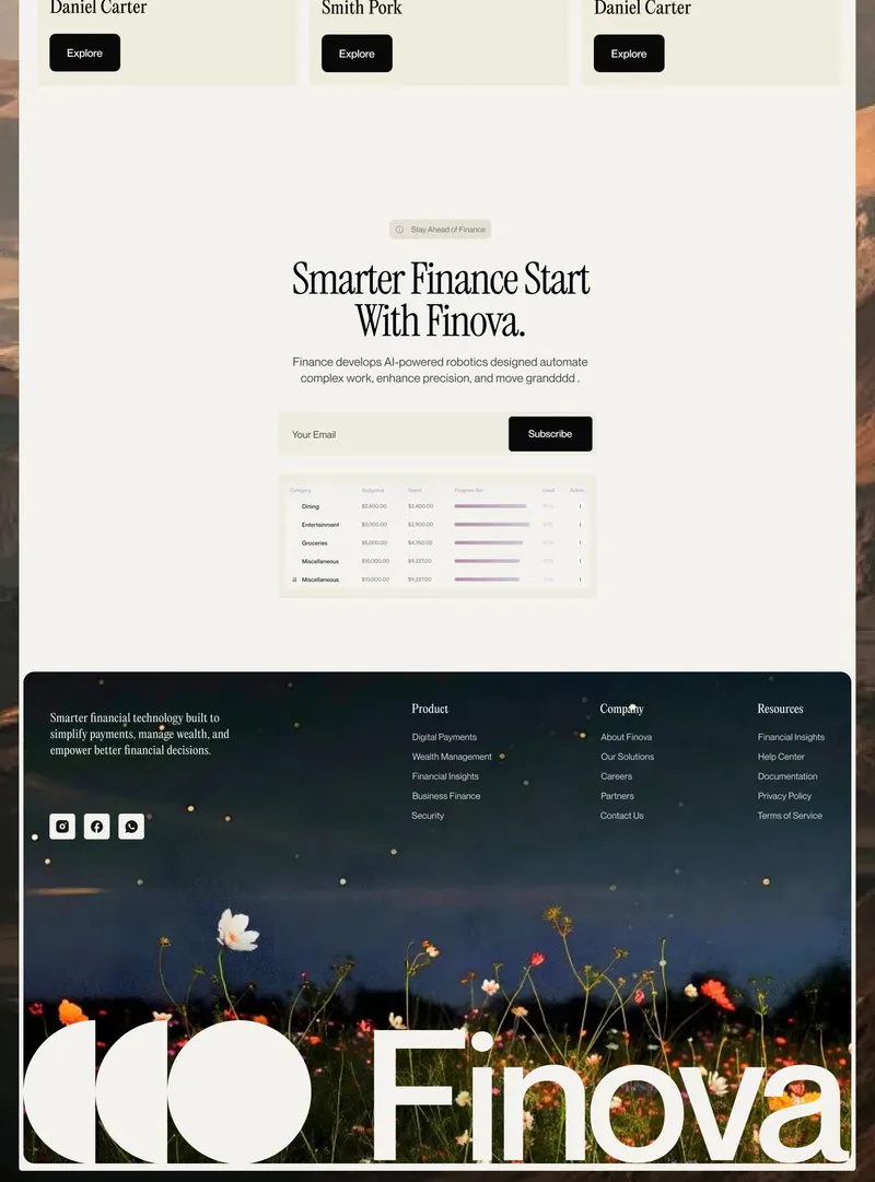 Newsletter CTA with email field and a cropped budget-category table, dark night-meadow footer with serif tagline, social squares, link columns and a giant logo plus wordmark