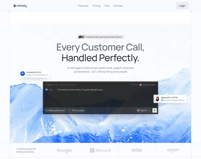 Voicely: Navbar, hero with two-tone headline, voice console over a blue pixel-dithered mountain photo, floating toasts, logo strip