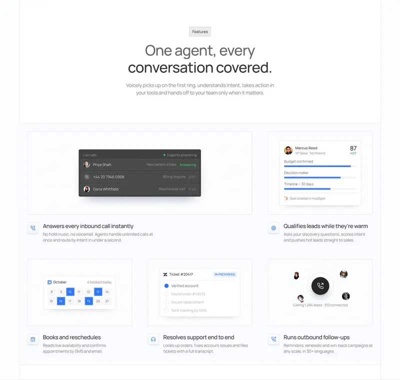Features bento: live calls list, lead score card, booking calendar, support ticket stepper, outbound dialer orbit