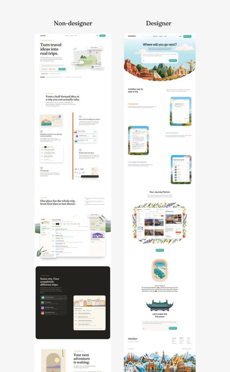 Wandor: Full comparison on a gray canvas: the Non-designer page (left: split hero with flat map, How it works timeline, app mockup, dark persona panel, final CTA, cut off before the footer) and the Designer page (right: painted landmark hero with prompt box, zigzag screenshot features, flower-wreath product shot, airplane window, pagoda CTA, footer with sticker collage).
